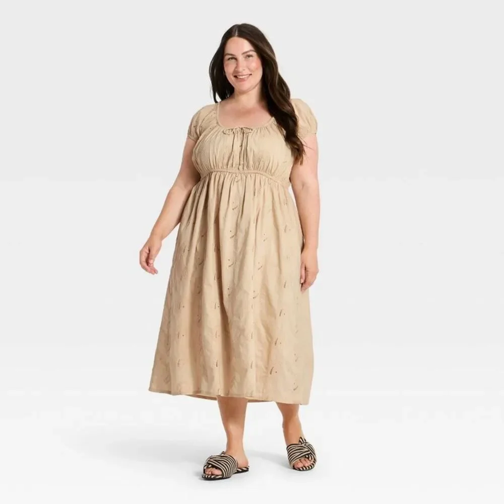 Women's Cap Sleeve Eyelet Midi Sundress - Universal Thread Tan XXL